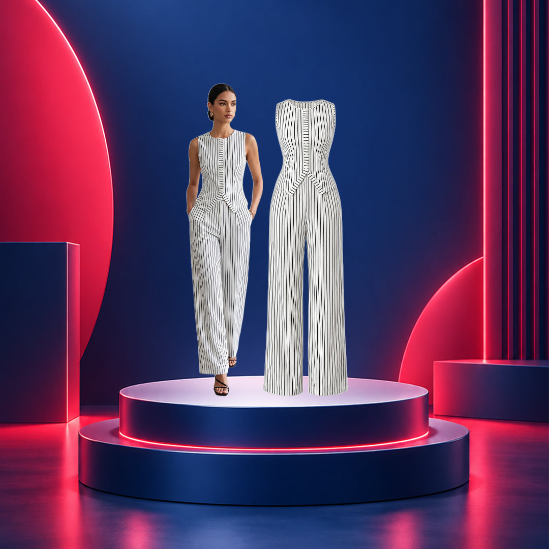 NexaMart Women Retro Striped Vest and Wide-Leg Pants Set